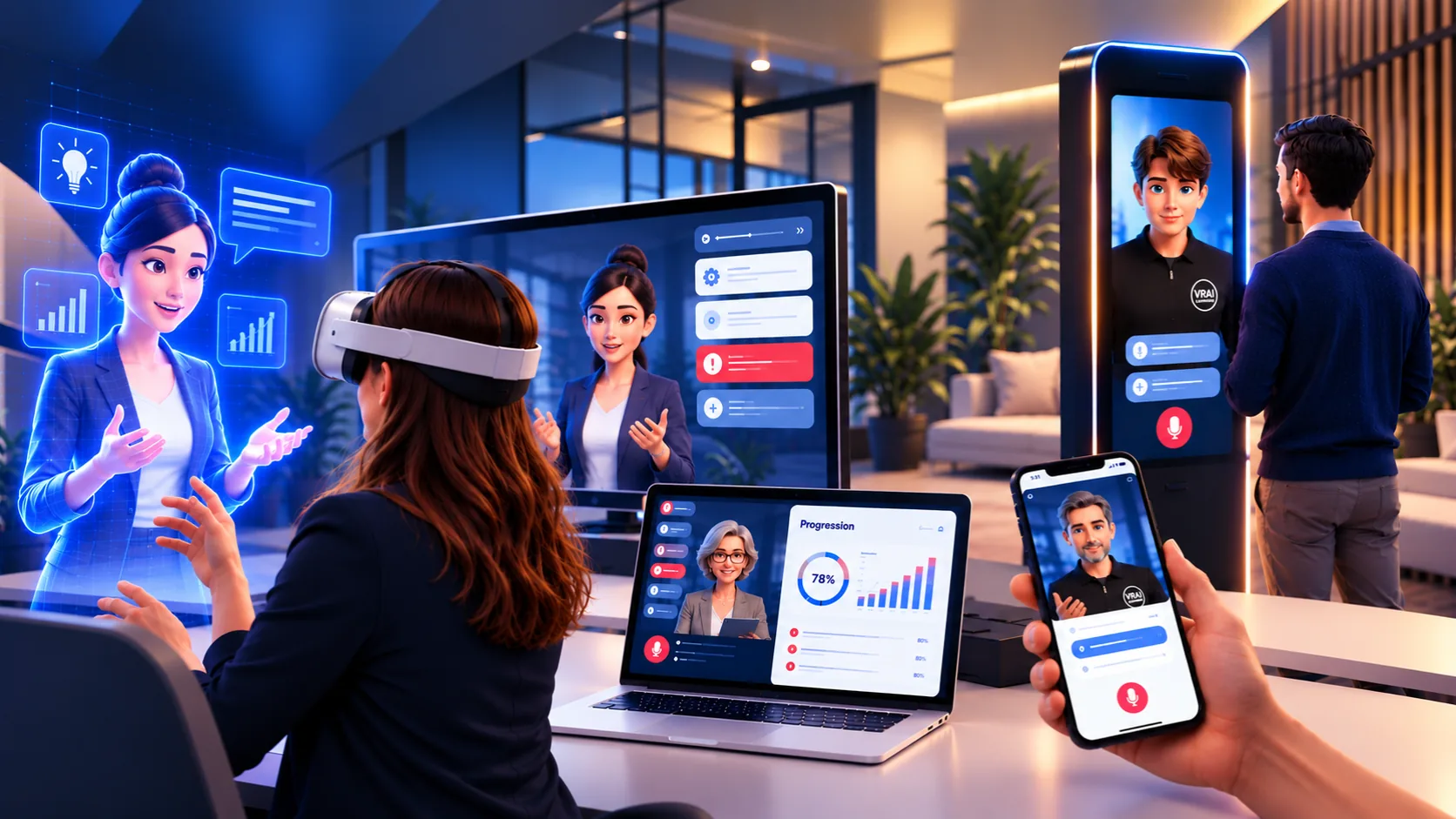 Apprenante en casque VR face à un avatar IA holographique