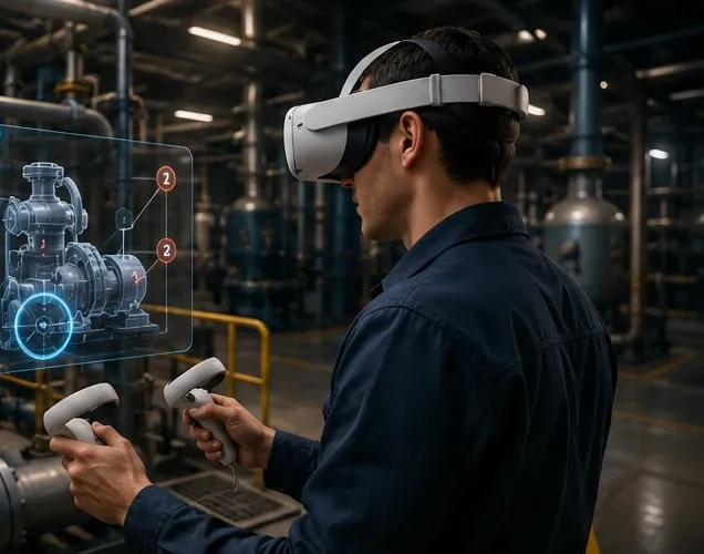 Apprenant en casque VR dans une simulation industrielle immersive