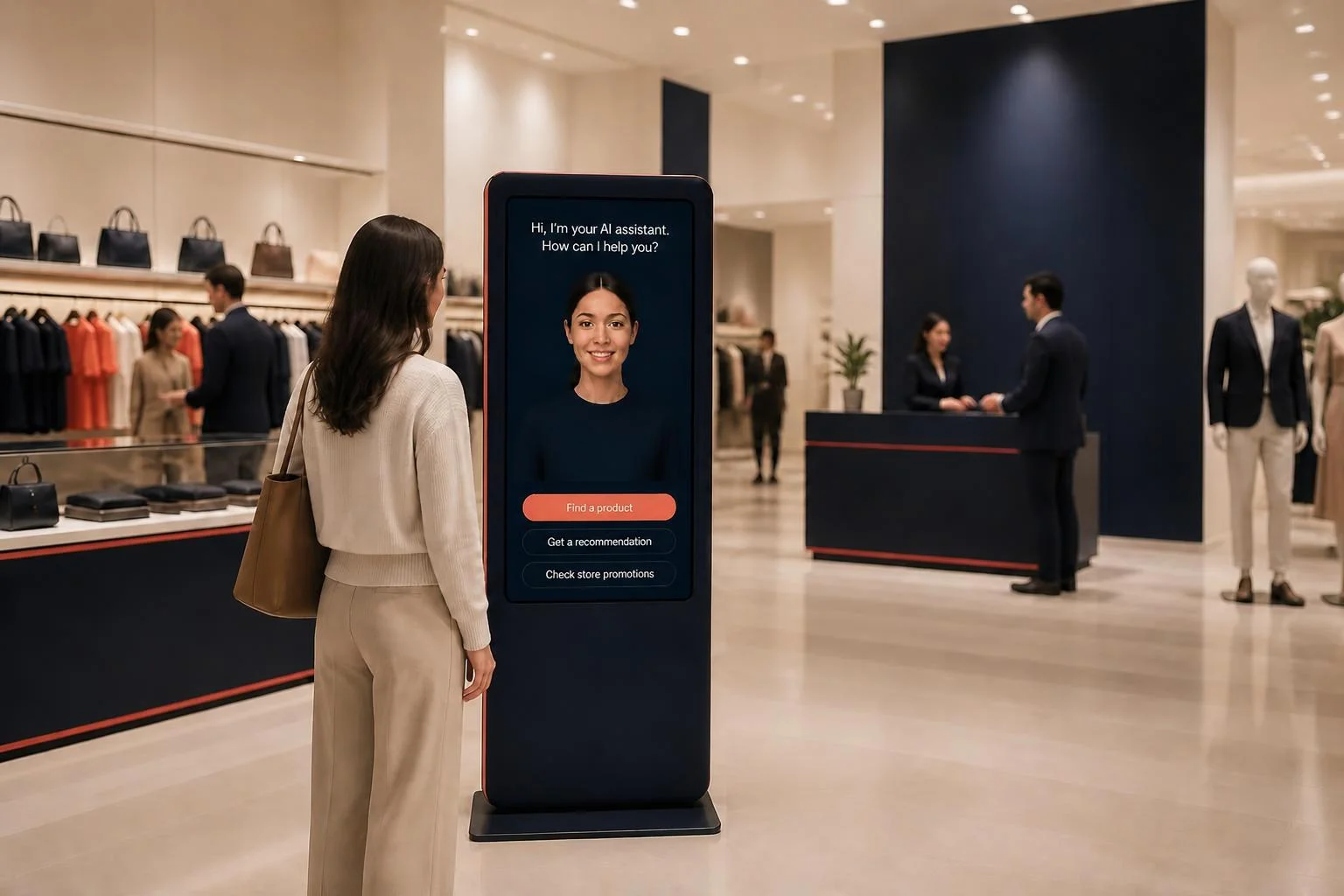 Totem numérique avec avatar IA conversationnel en boutique