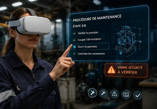 Apprenante en casque VR suivant une procédure de maintenance en réalité augmentée
