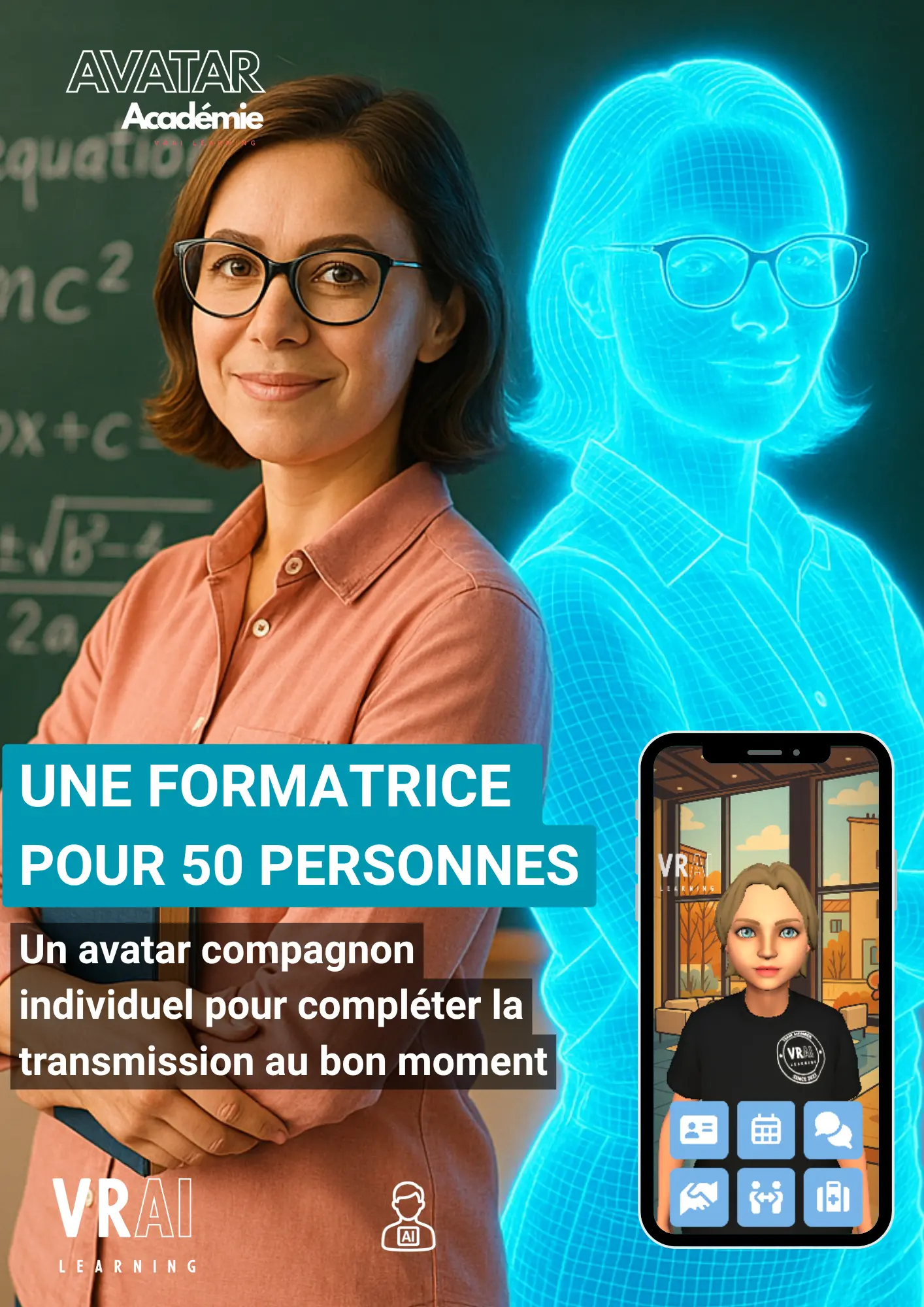 Avatar IA conçu par VRAI Learning accompagnant un apprenant dans un module de formation immersive, pour une expérience plus vivante et plus humaine.